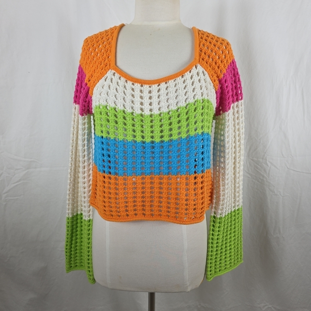 Wild fable crochet square neck striped color block cropped sweater- XS